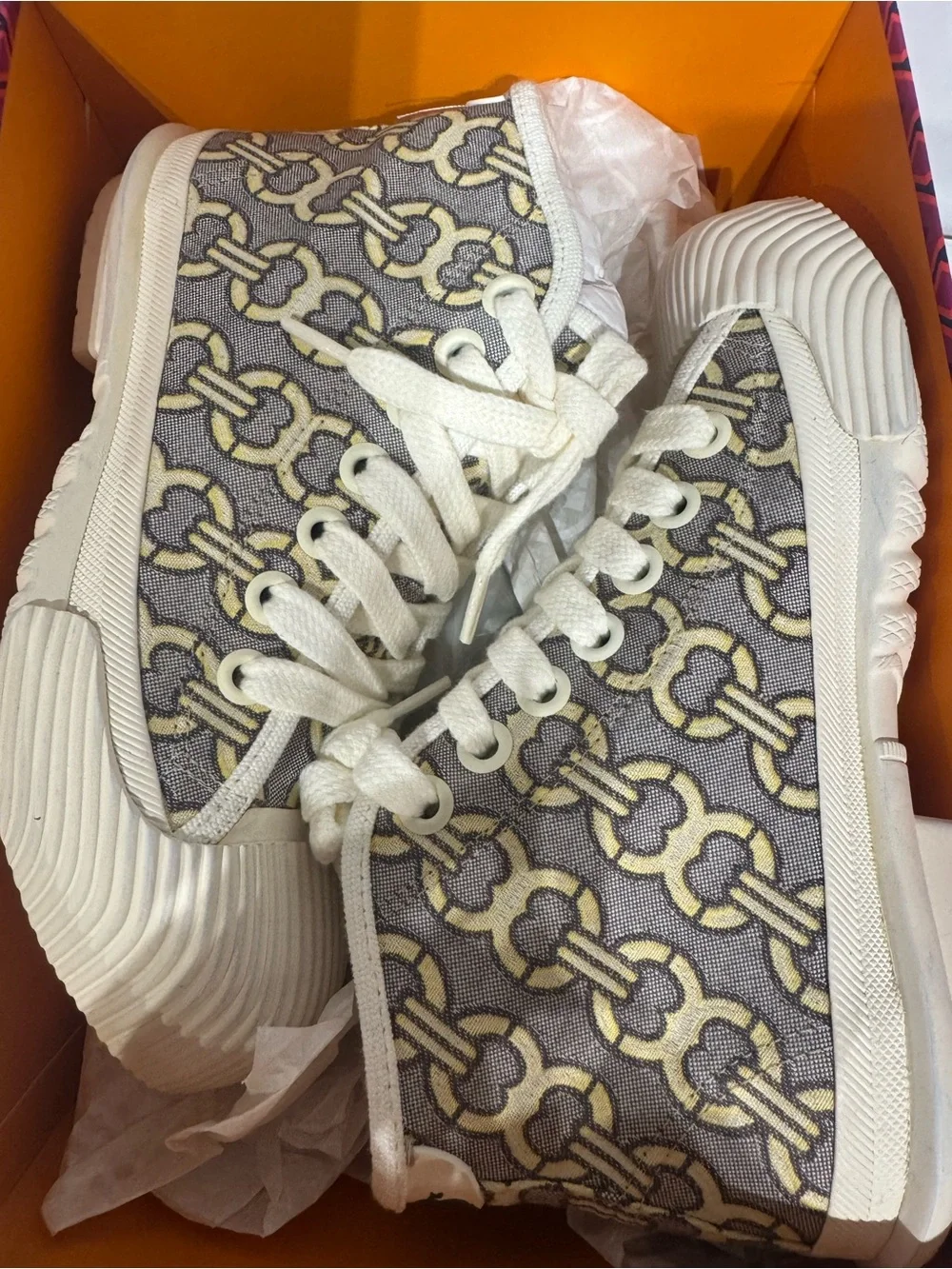 Tory Burch Gray and Cream Patterned High-Top Sneakers